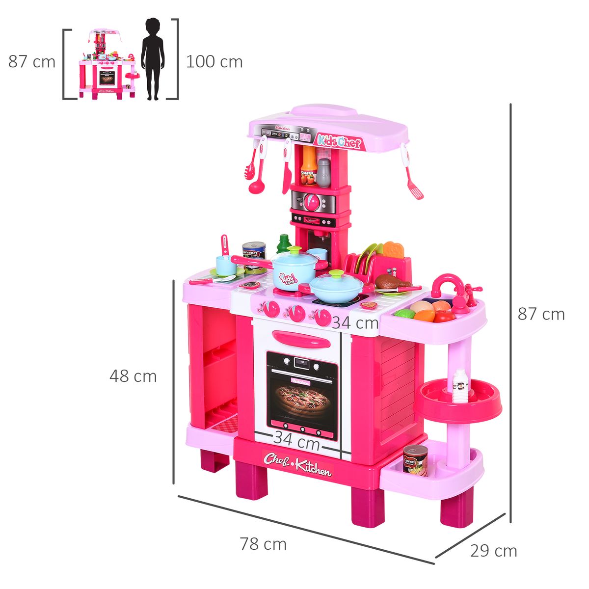Cocinita de juguete Baby Homcom 38 accesorios +3A rosa 87x78x29 cm medidas