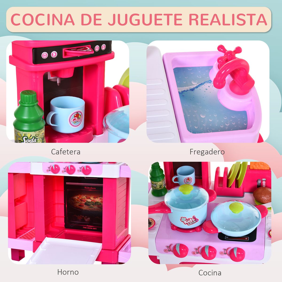 Cocinita de juguete Baby Homcom 38 accesorios +3A rosa 87x78x29 cm