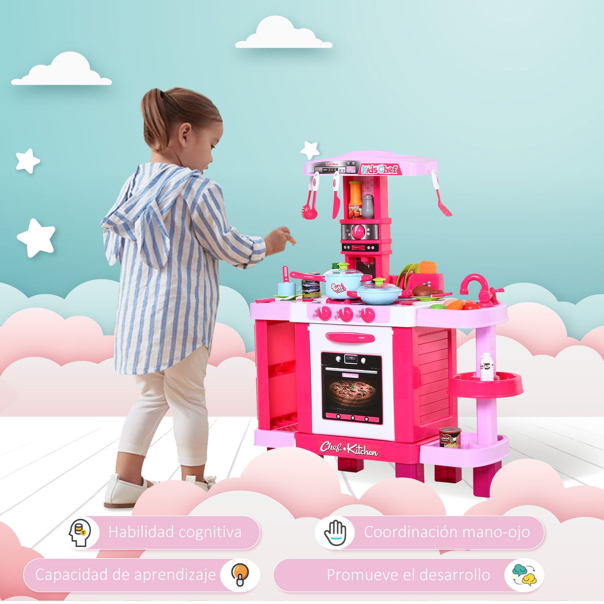 Cocinita de juguete Baby Homcom 38 accesorios +3A rosa 87x78x29 cm