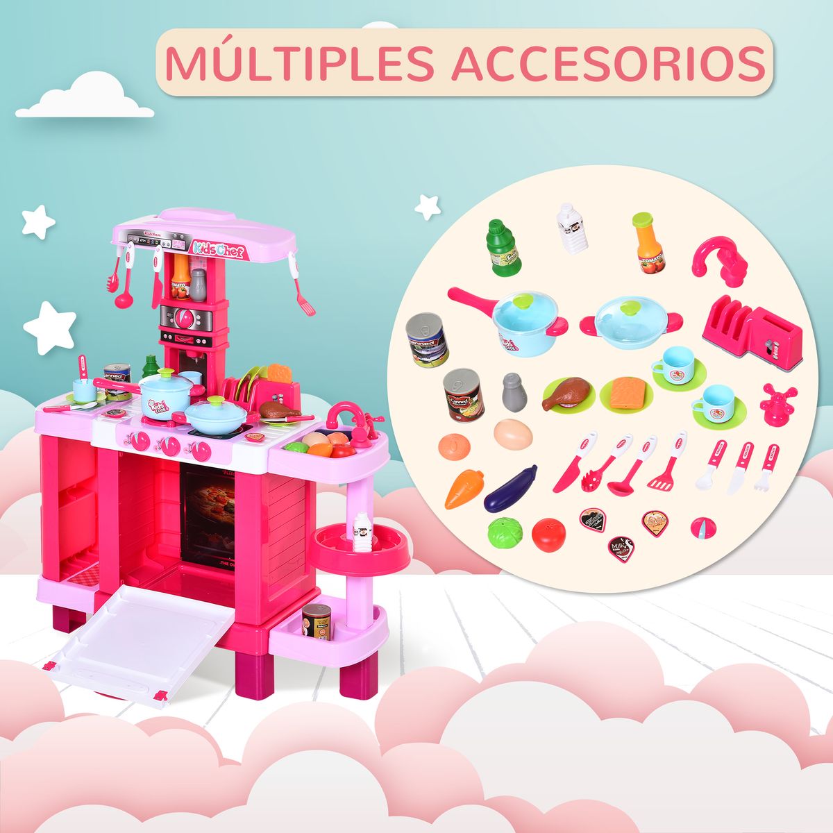 Cocinita de juguete Baby Homcom 38 accesorios +3A rosa 87x78x29 cm