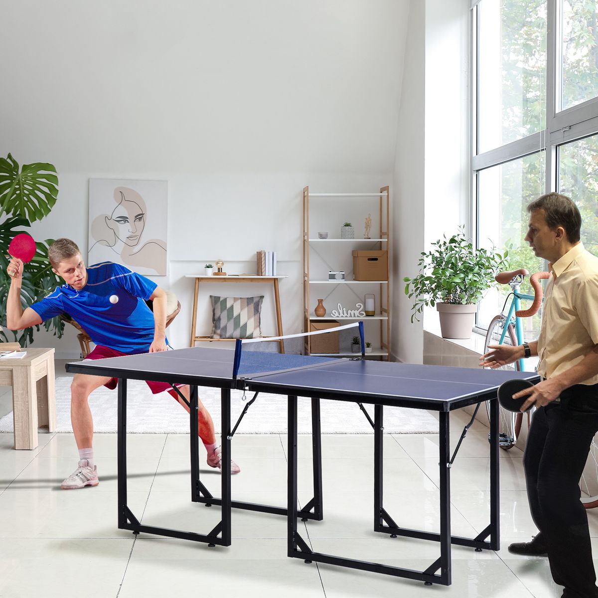 Mesa de ping pong Homcom plegable con red azul 76x182x91 cm animada