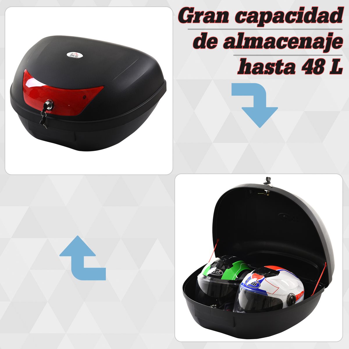 Baúl de moto Homcom 48L con 2 llaves negro 33x59x43 cm