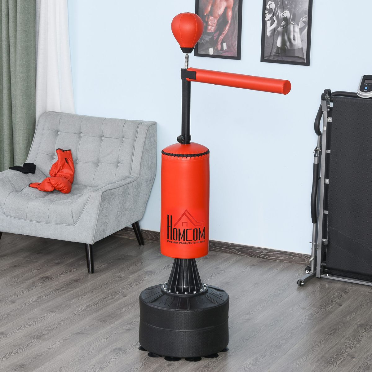 Saco de boxeo de pie Blaze Homcom barra giratoria + bola de velocidad negro/rojo 155-205x48x88 cm