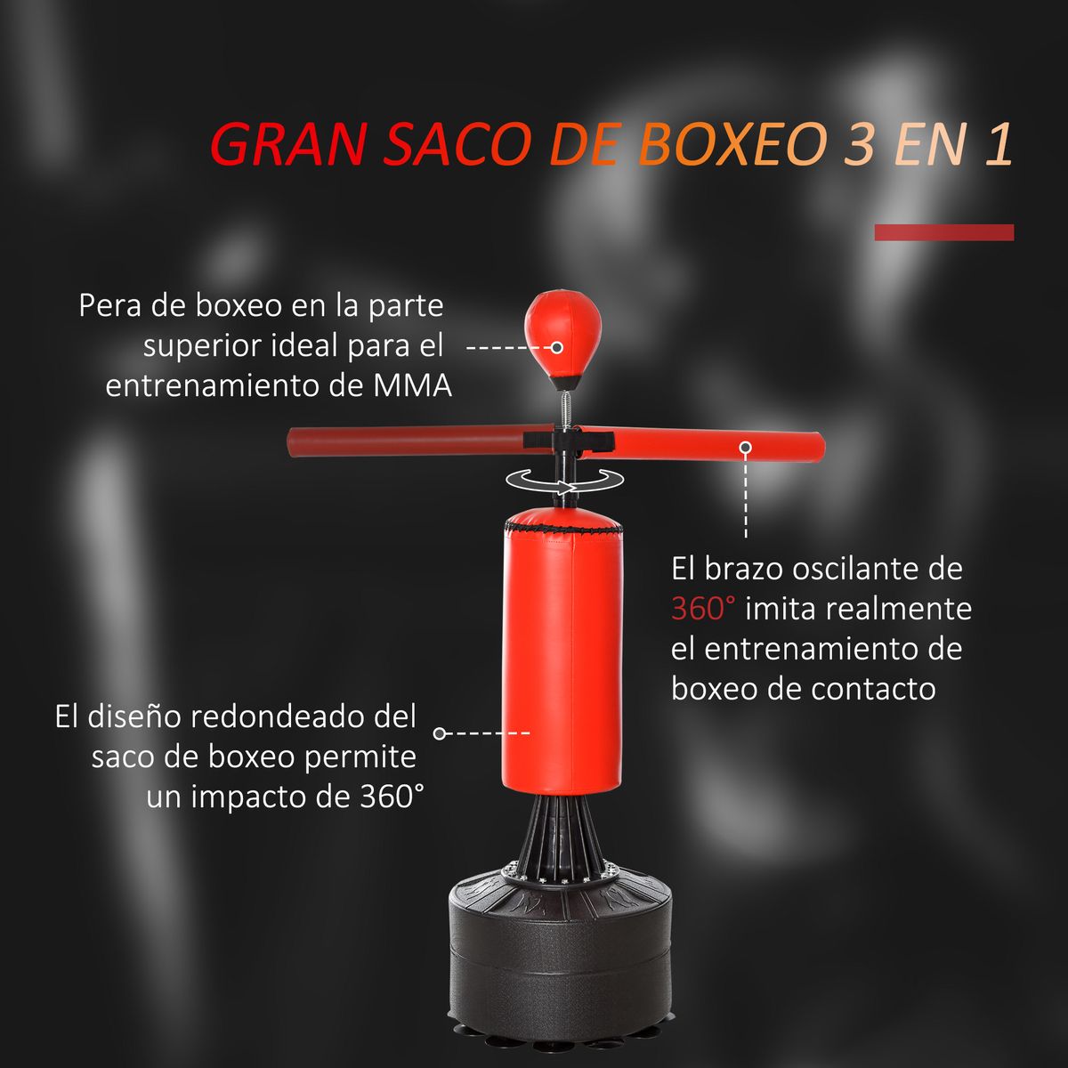 Saco de boxeo de pie Blaze Homcom barra giratoria + bola de velocidad negro/rojo 155-205x48x88 cm