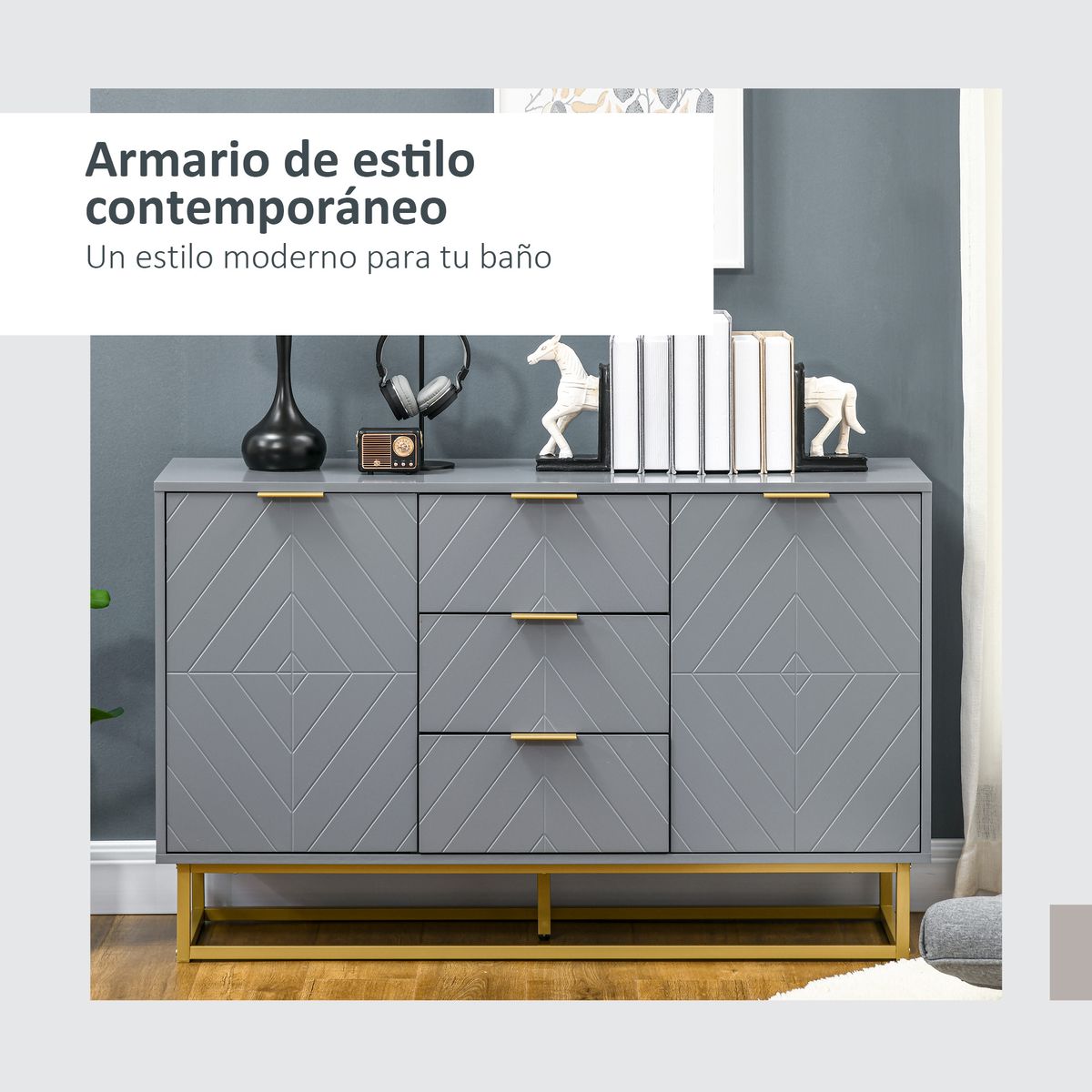 Aparador Luxor Homcom 3 cajones + 2 armarios gris 76x120x40 cm