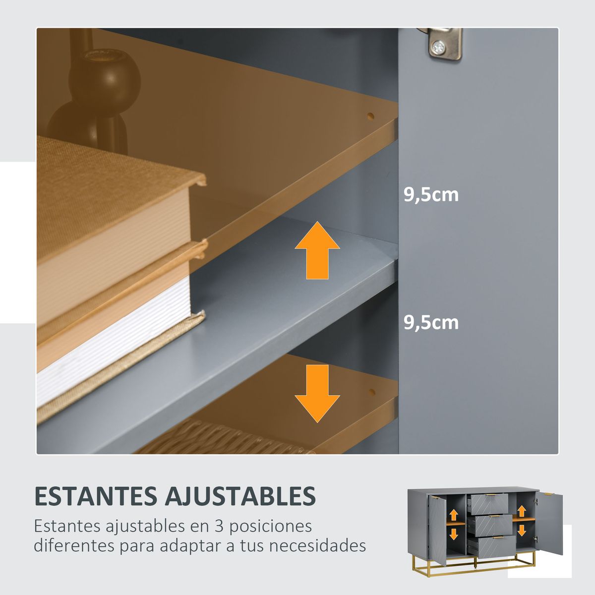 Aparador Luxor Homcom 3 cajones + 2 armarios gris 76x120x40 cm