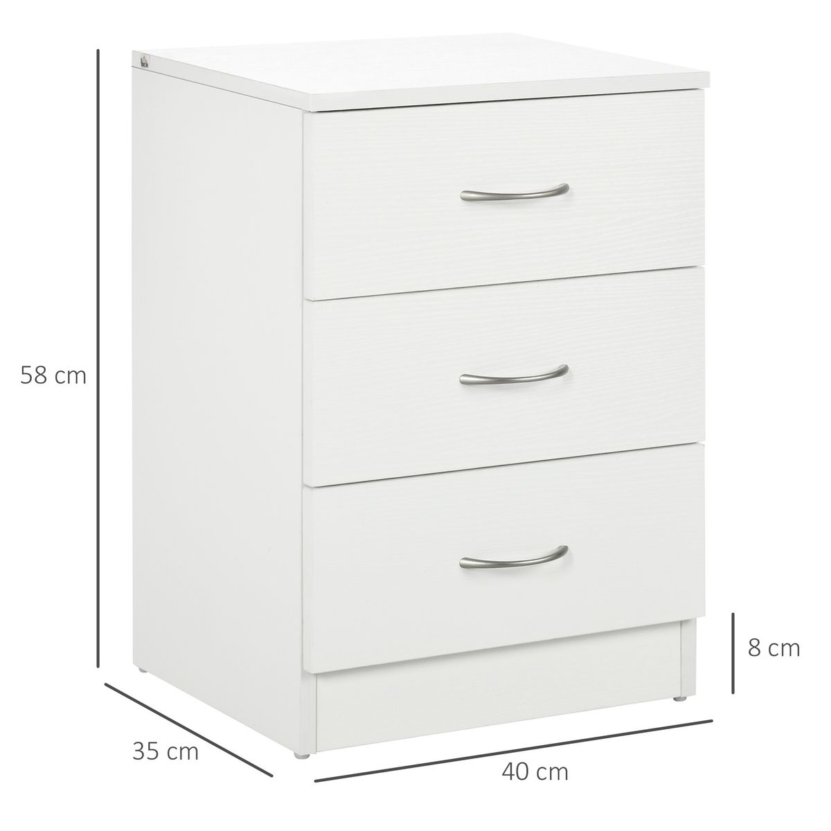 Mesita de noche Varego Homcom 3 cajones blanco 58x40x35 cm medidas
