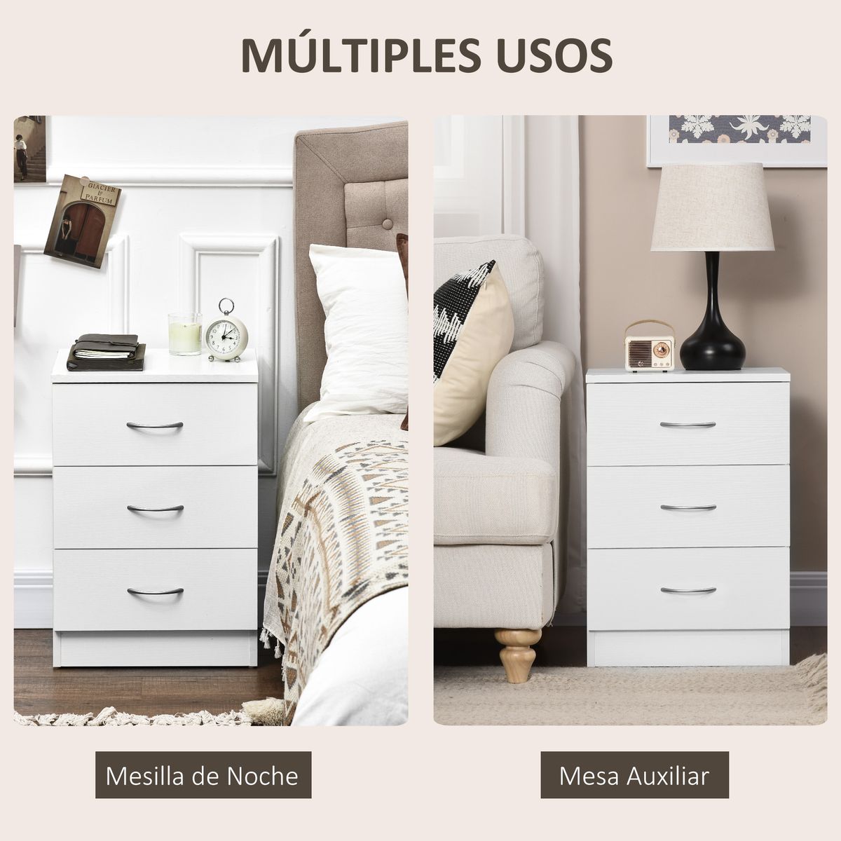 Mesita de noche Varego Homcom 3 cajones blanco 58x40x35 cm