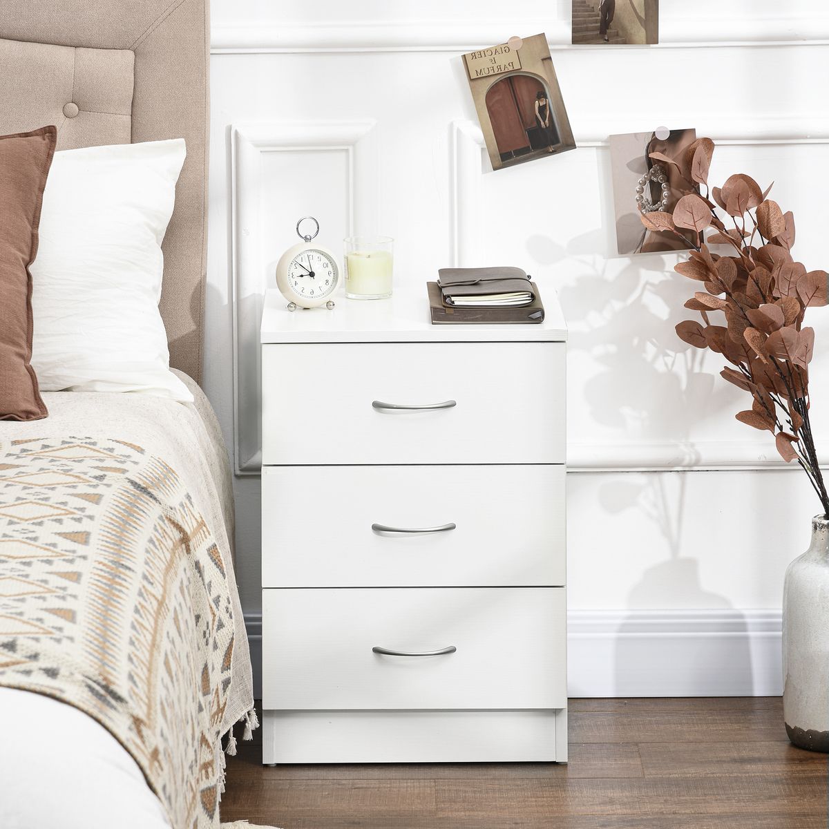 Mesita de noche Varego Homcom 3 cajones blanco 58x40x35 cm