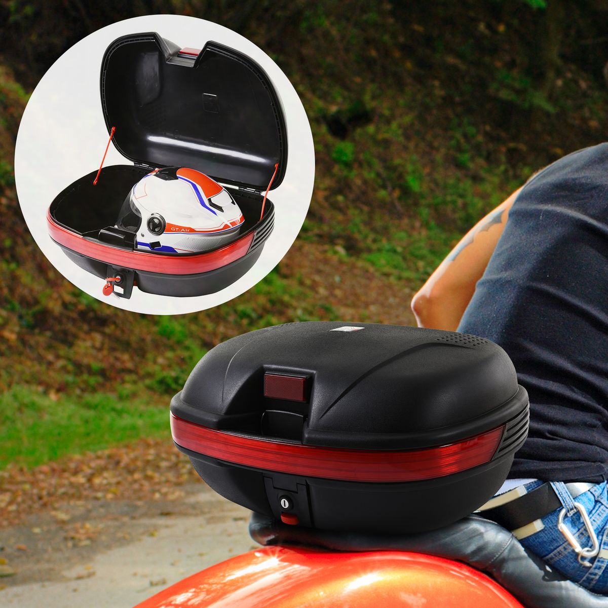 Baúl de moto Homcom 43L con 2 llaves negro 27,5x55,5x41 cm animada