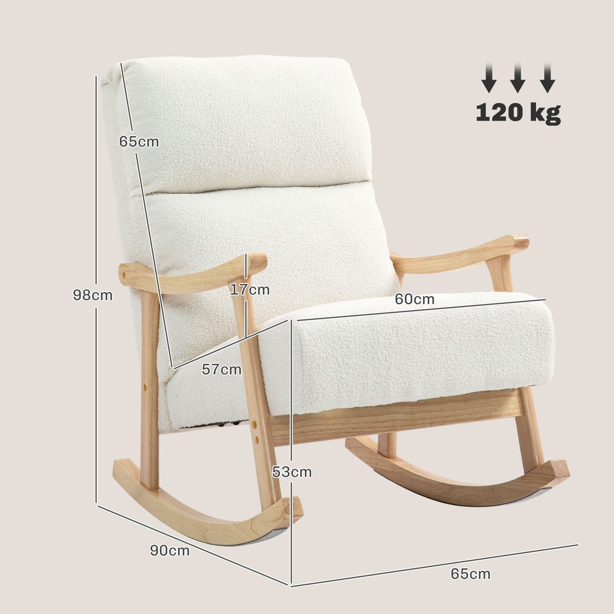 Mecedora Shava Homcom tapizado borrego con reposabrazos crema 98x65x90 cm medidas