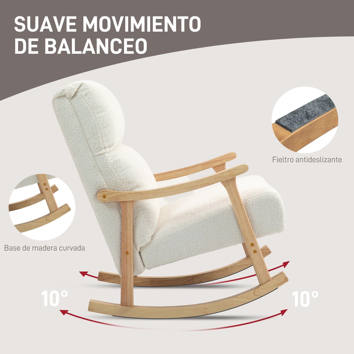 Mecedora Shava Homcom tapizado borrego con reposabrazos crema 98x65x90 cm caracteristicas