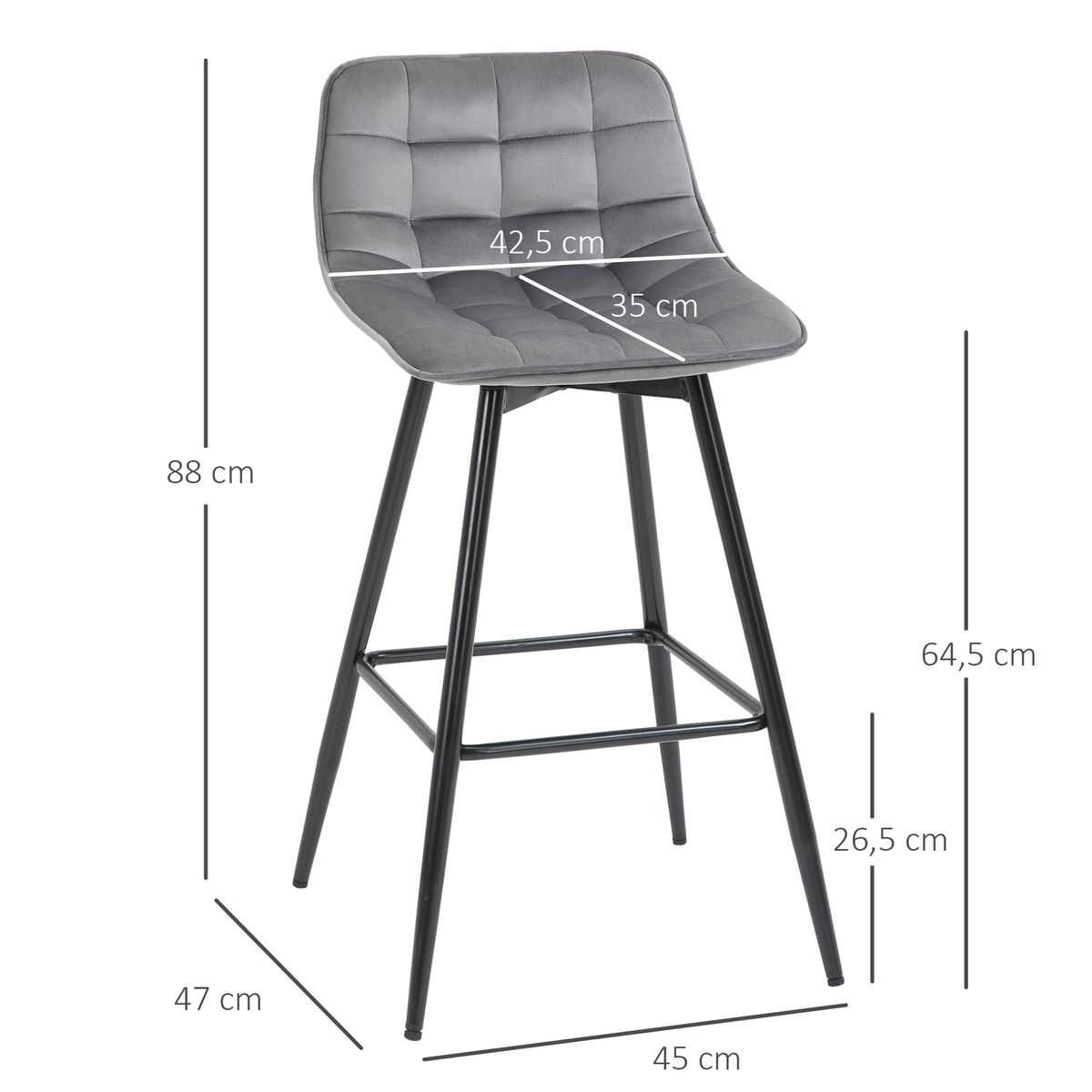 Pack de 2 taburetes Lunna Homcom con respaldo acolchado gris 84x45x47 cm medidas