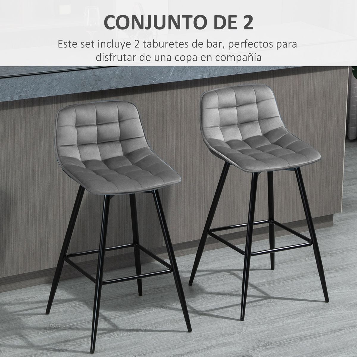 Pack de 2 taburetes Lunna Homcom con respaldo acolchado gris 84x45x47 cm