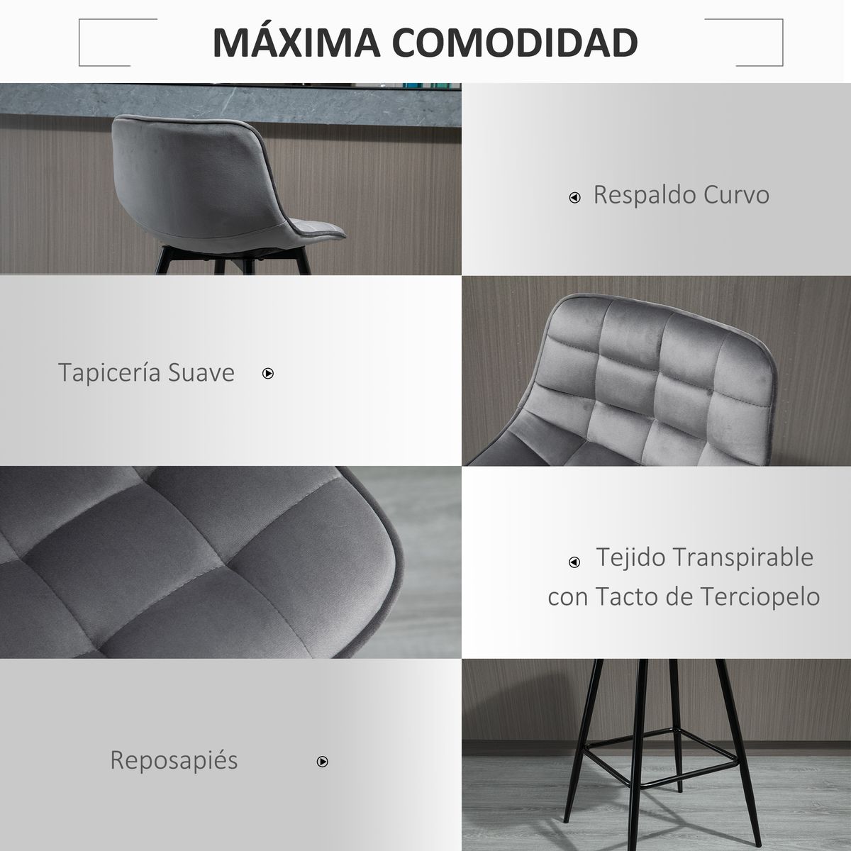 Pack de 2 taburetes Lunna Homcom con respaldo acolchado gris 84x45x47 cm
