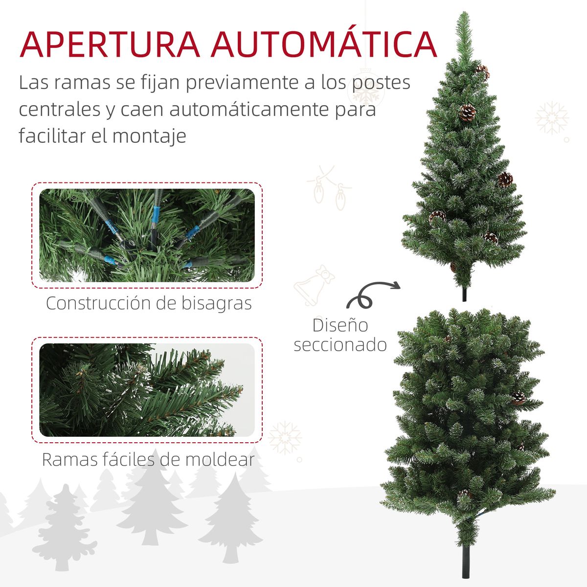 Árbol de Navidad Homcom 395 ramas con piñas verde Ø54x150 cm detalles