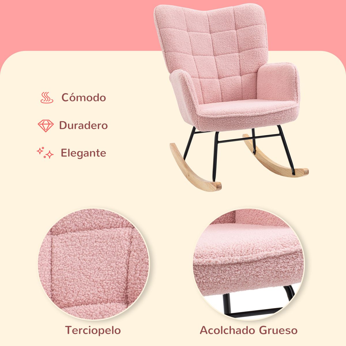 Mecedora Rouse Homcom respaldo alto con reposabrazos rosa 101x71x98 cm