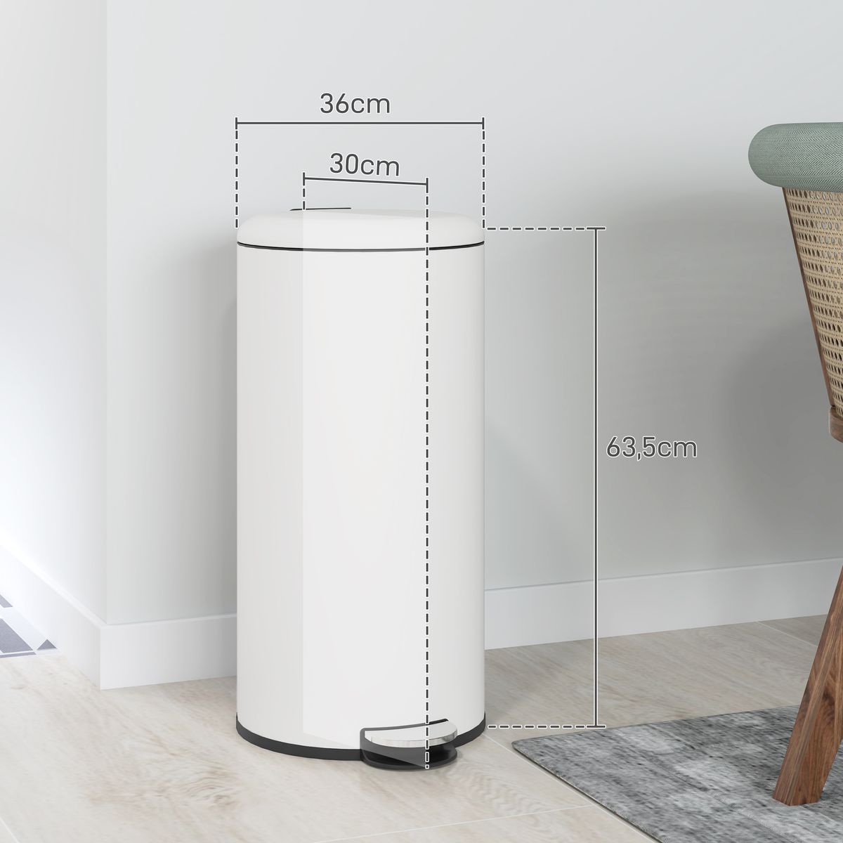 Cubo de basura Vela Homcom 30L con pedal + cubo extraíble blanco Ø36x63,5 cm medidas