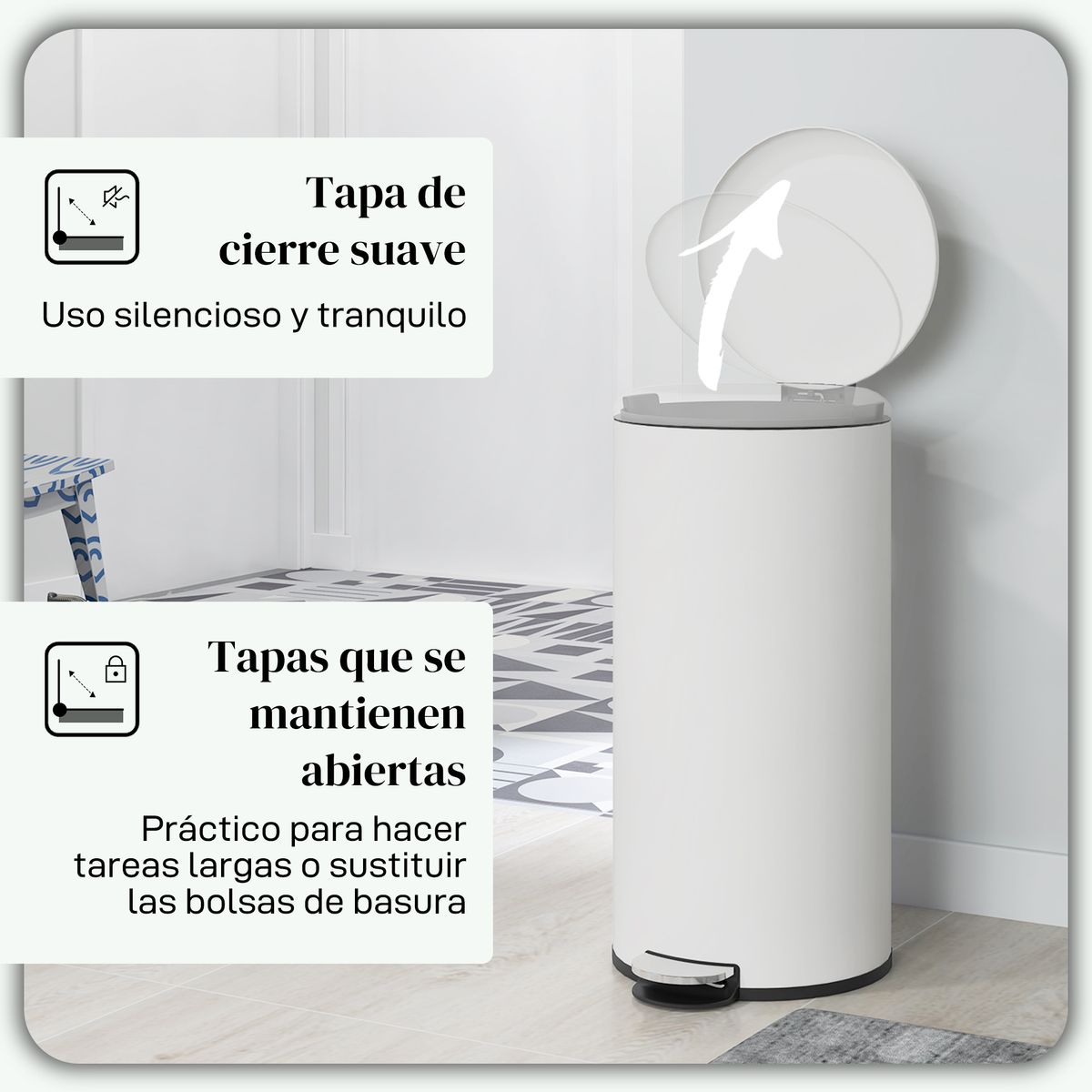 Cubo de basura Vela Homcom 30L con pedal + cubo extraíble blanco Ø36x63,5 cm