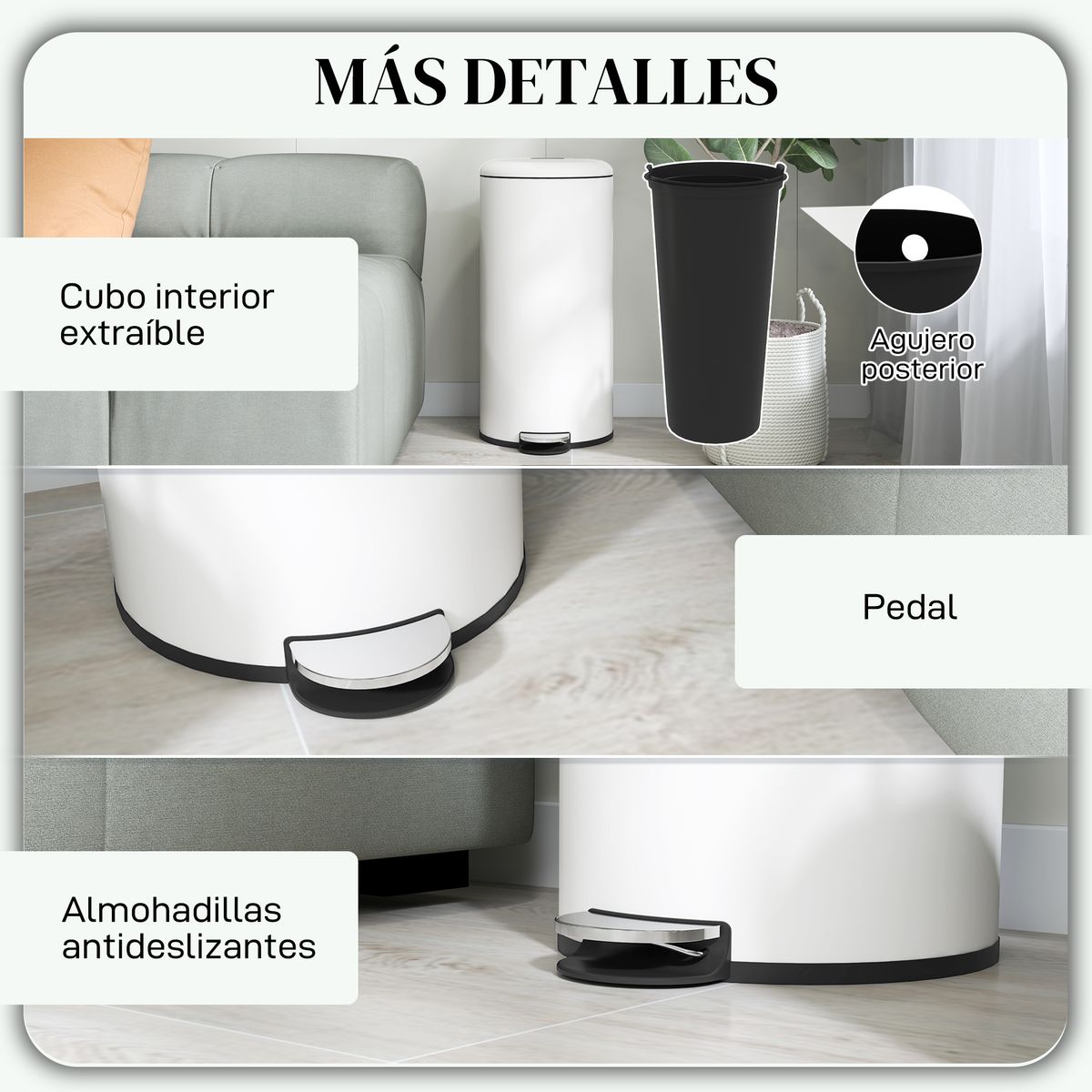 Cubo de basura Vela Homcom 30L con pedal + cubo extraíble blanco Ø36x63,5 cm