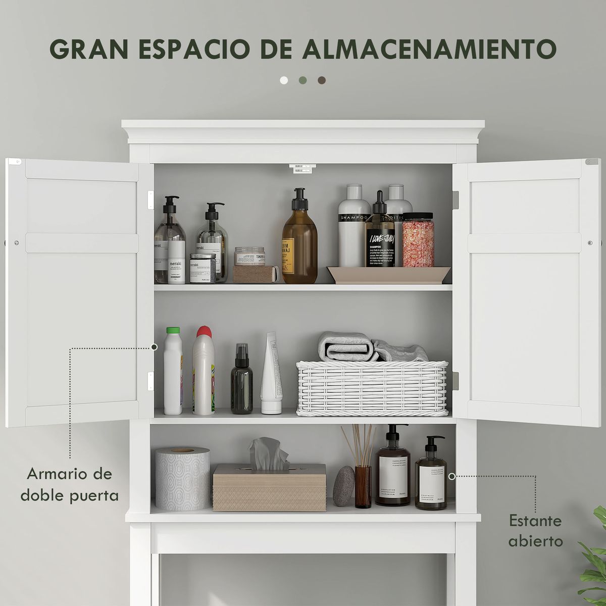 Mueble auxiliar Perséfone Homcom 2 puertas + compartimento blanco 175x70x20 cm interior