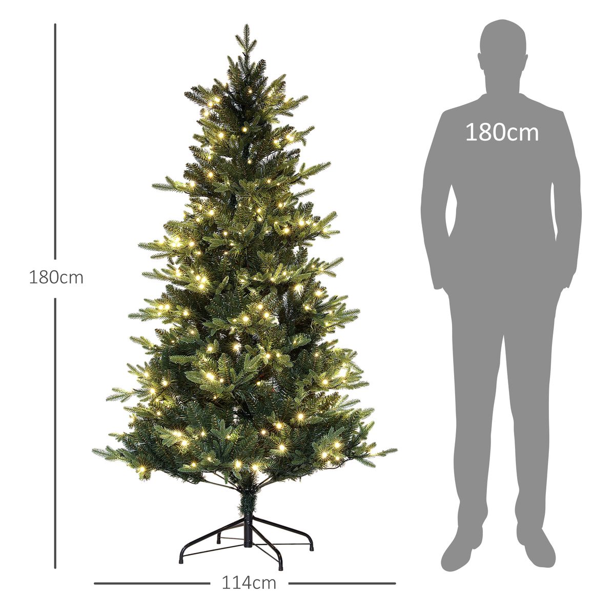 Árbol de Navidad Homcom 726 ramas con 350 luces LEDs verde Ø114x180 cm medidas
