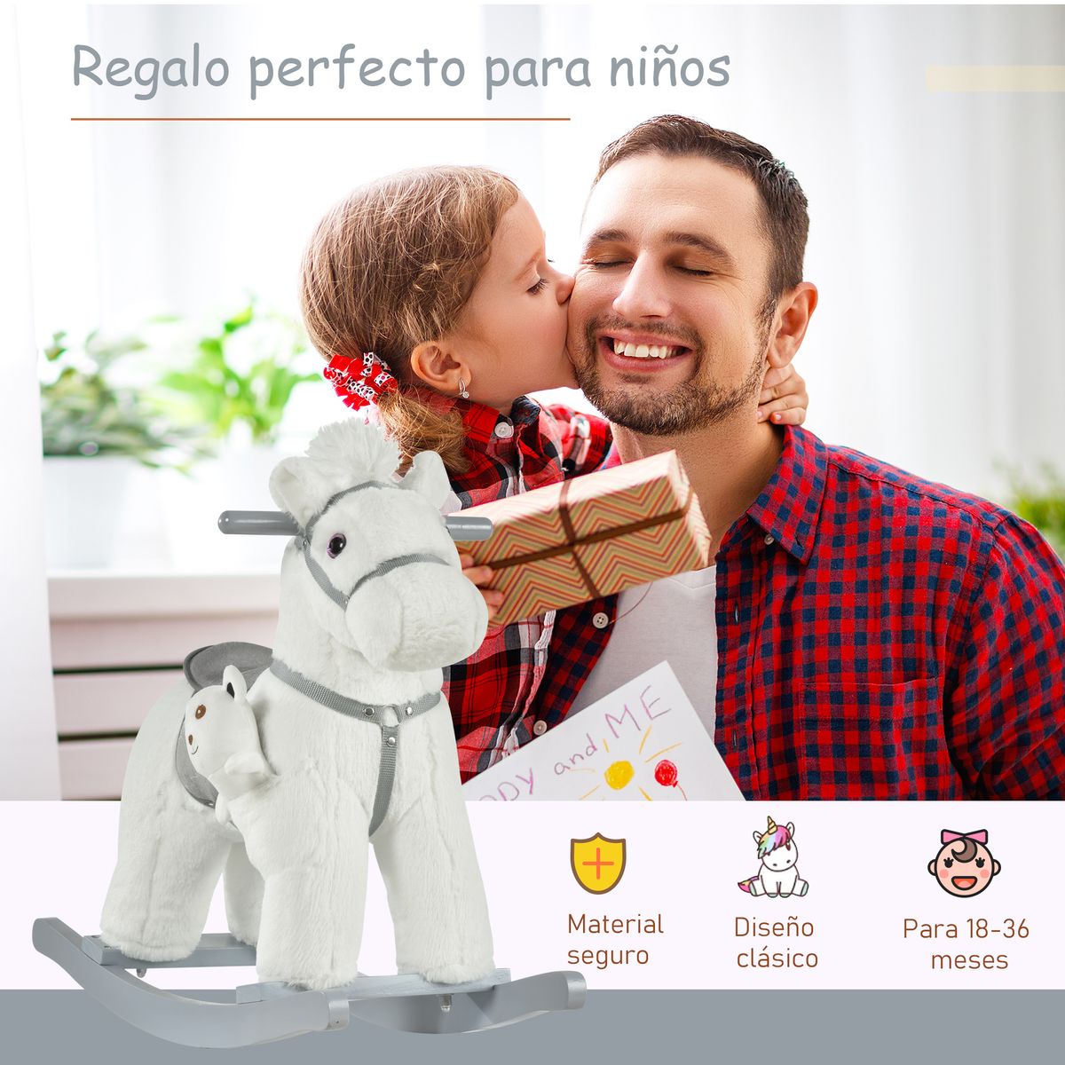Caballito balancín Hurse Homcom con sonidos 18-36 meses blanco 55x65x26 cm