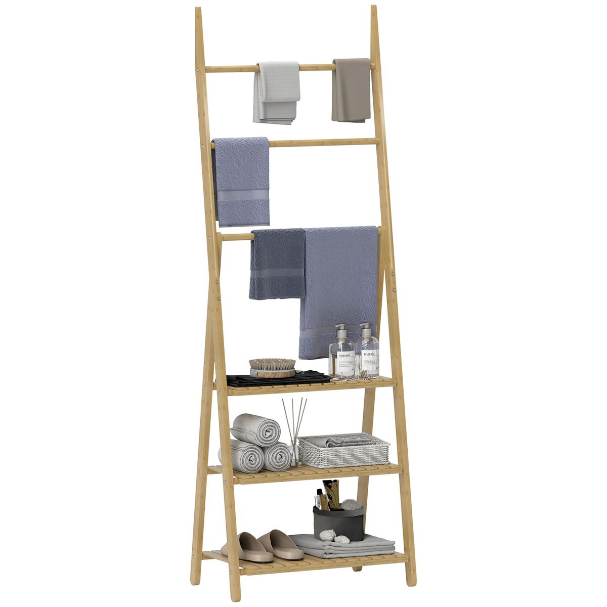 Estantería auxiliar Lazo Homcom con 3 estantes + barras natural 53x53,5x30 cm fondo blanco