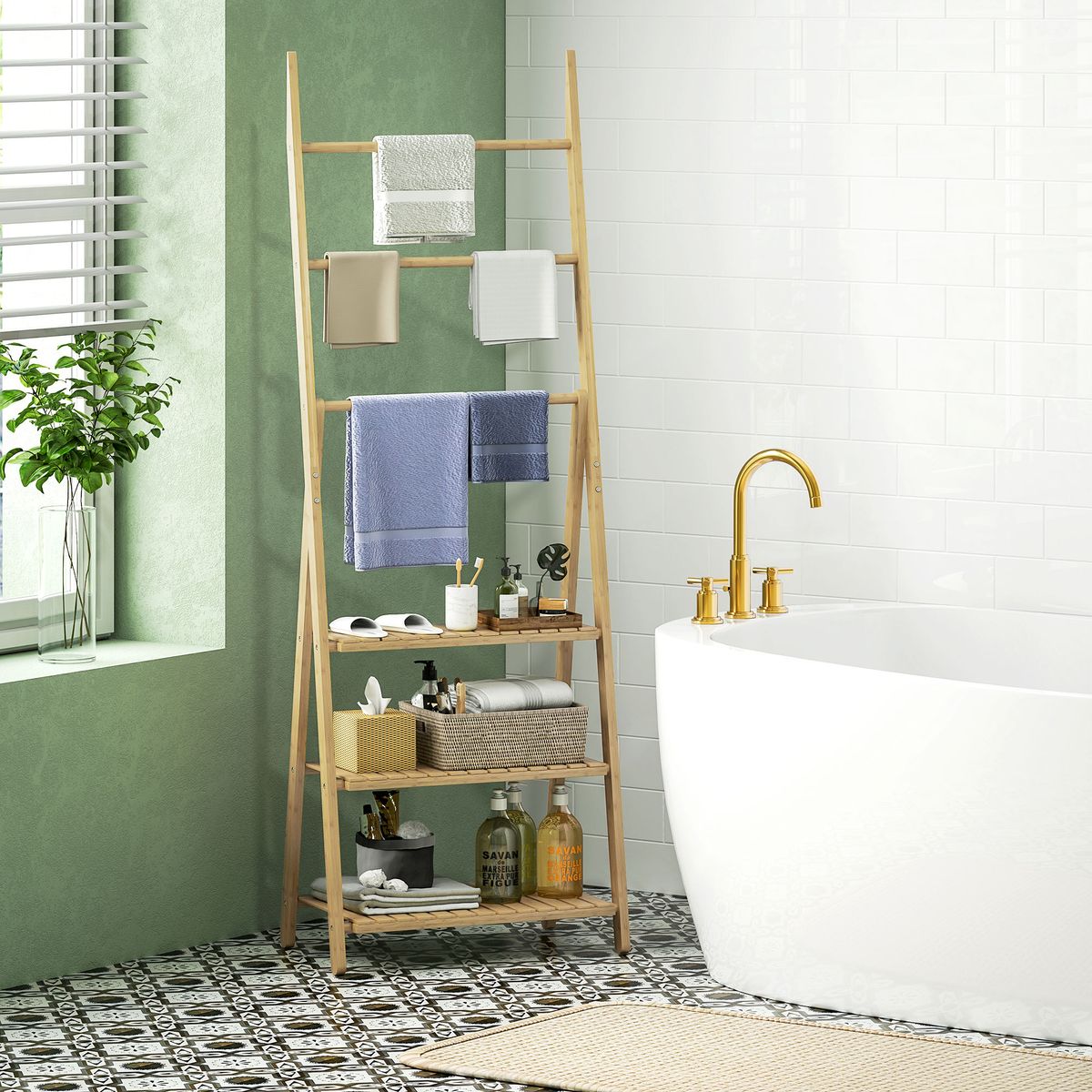 Estantería auxiliar Lazo Homcom con 3 estantes + barras natural 53x53,5x30 cm animada