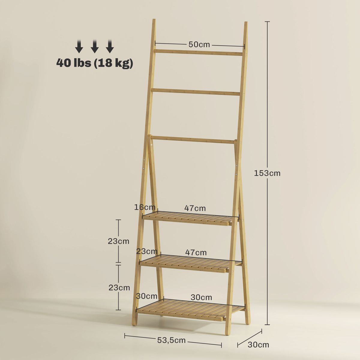 Estantería auxiliar Lazo Homcom con 3 estantes + barras natural 53x53,5x30 cm medidas