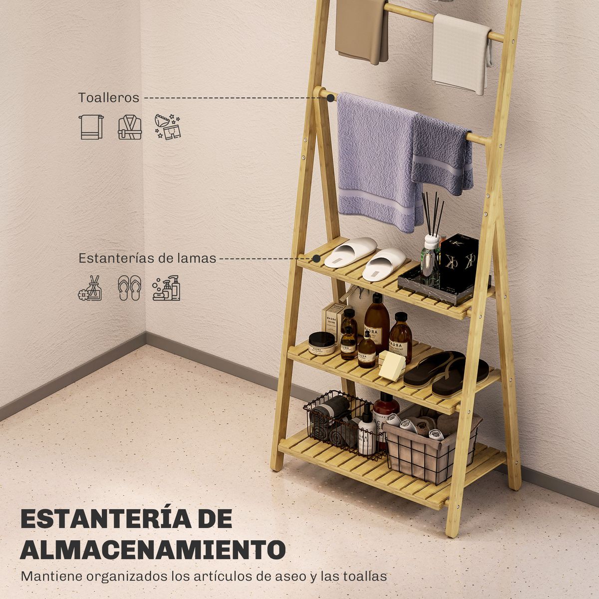Estantería auxiliar Lazo Homcom con 3 estantes + barras natural 53x53,5x30 cm