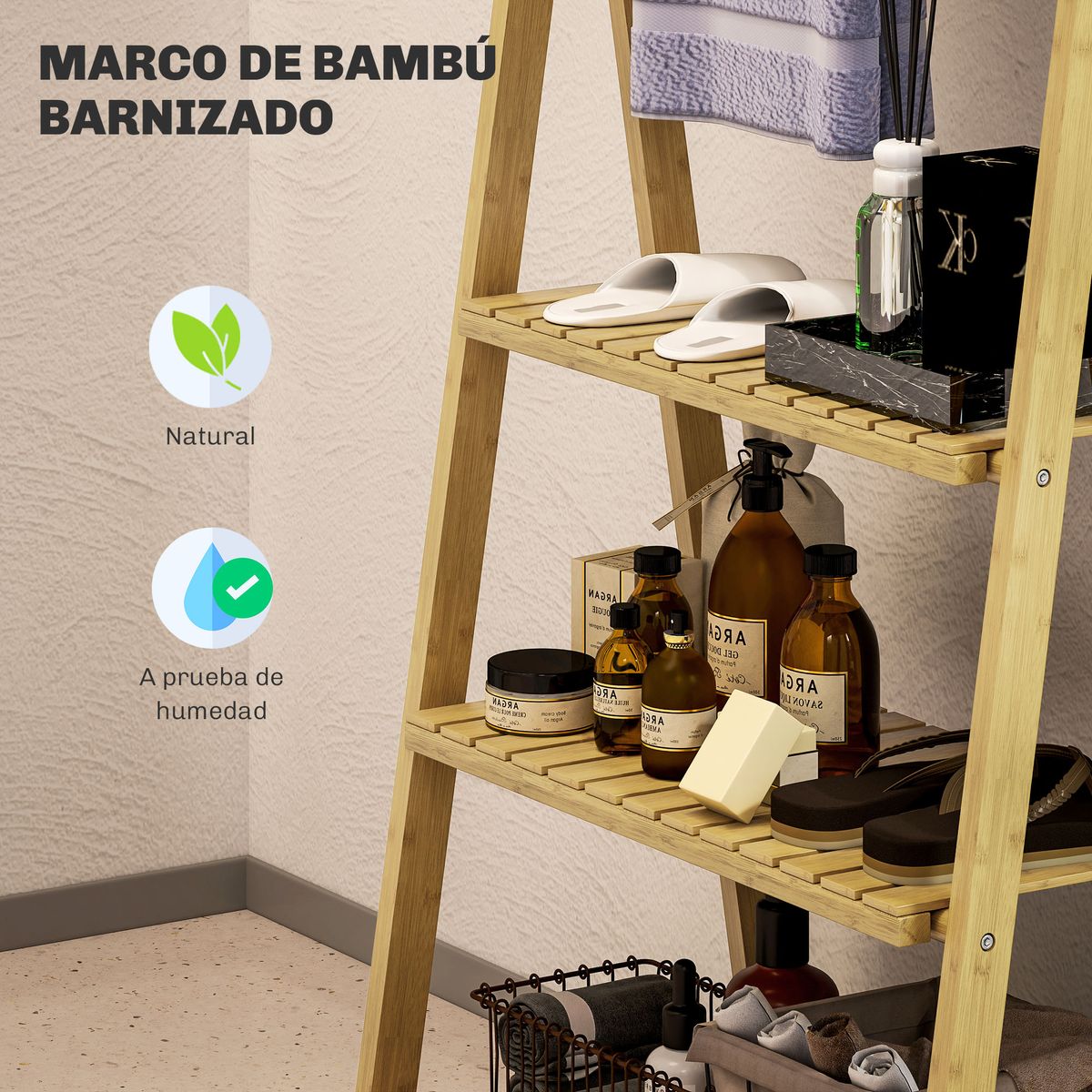 Estantería auxiliar Lazo Homcom con 3 estantes + barras natural 53x53,5x30 cm