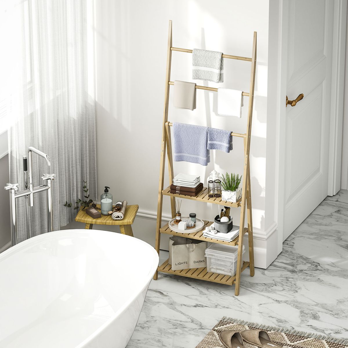 Estantería auxiliar Lazo Homcom con 3 estantes + barras natural 53x53,5x30 cm animada