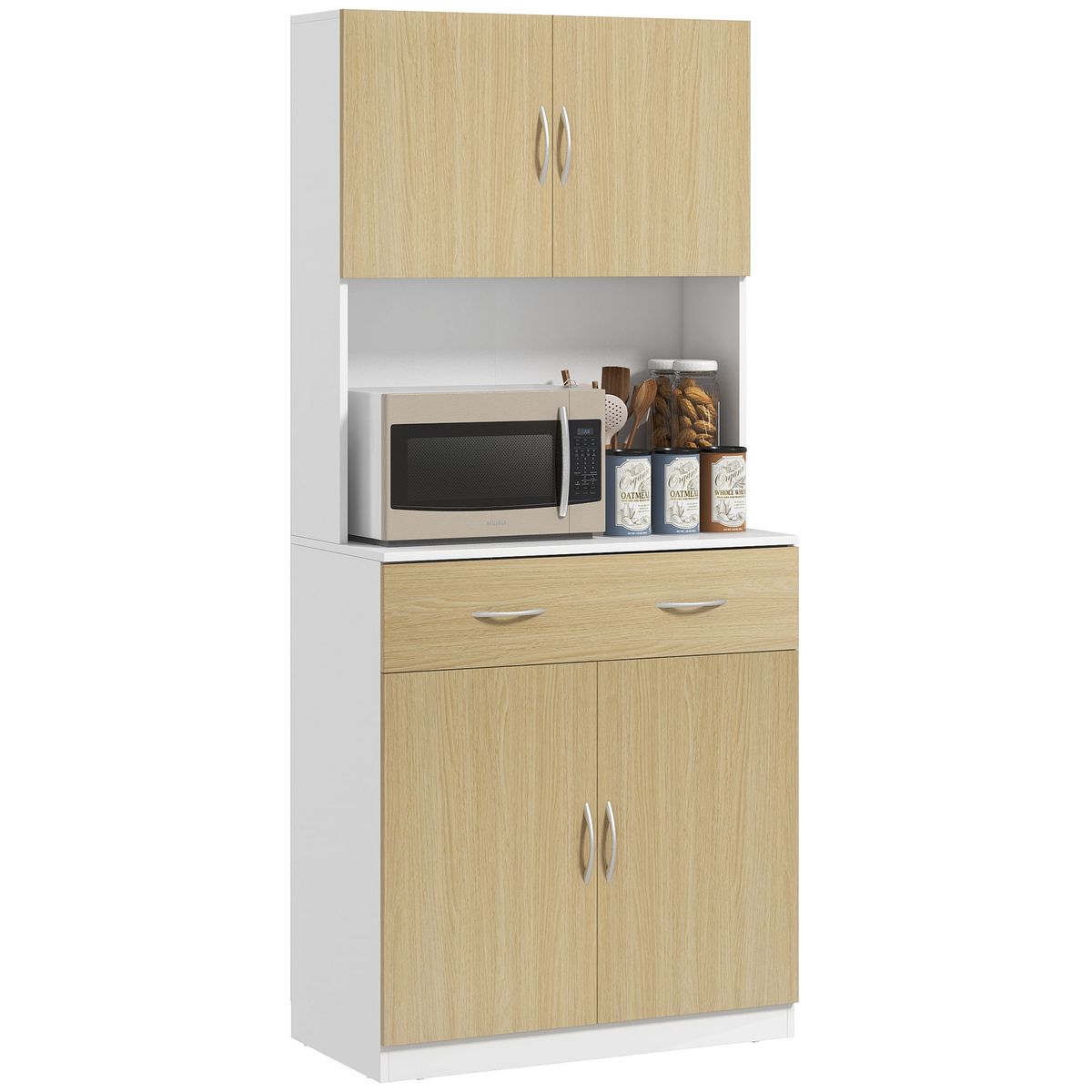 Aparador Cuéntame Homcom 2 armarios + 1 cajón natural/blanco 180x80x40 cm fondo blanco