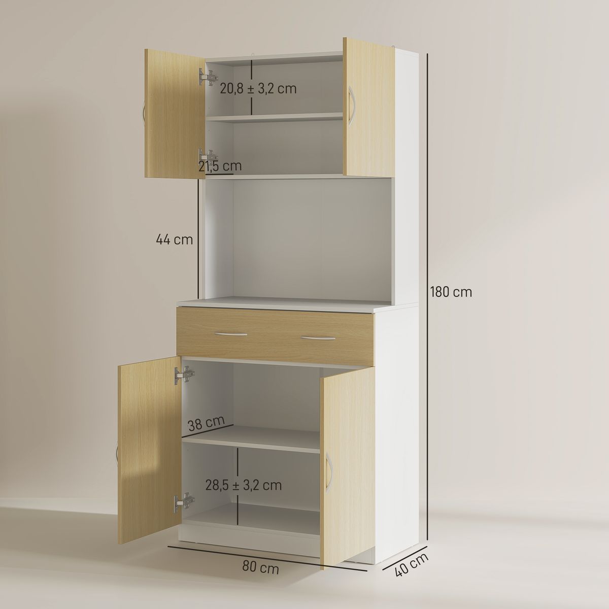 Aparador Cuéntame Homcom 2 armarios + 1 cajón natural/blanco 180x80x40 cm medidas