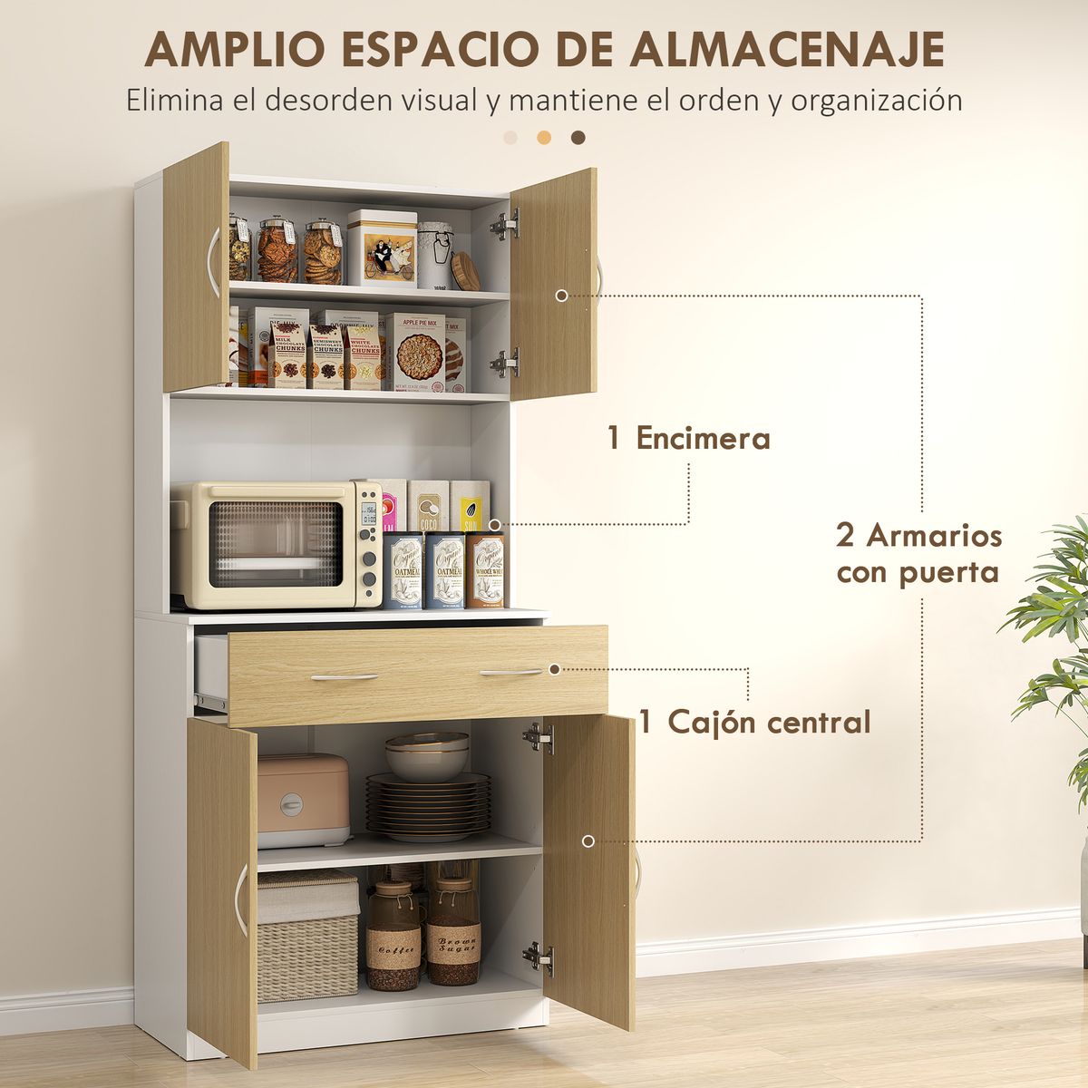 Aparador Cuéntame Homcom 2 armarios + 1 cajón natural/blanco 180x80x40 cm