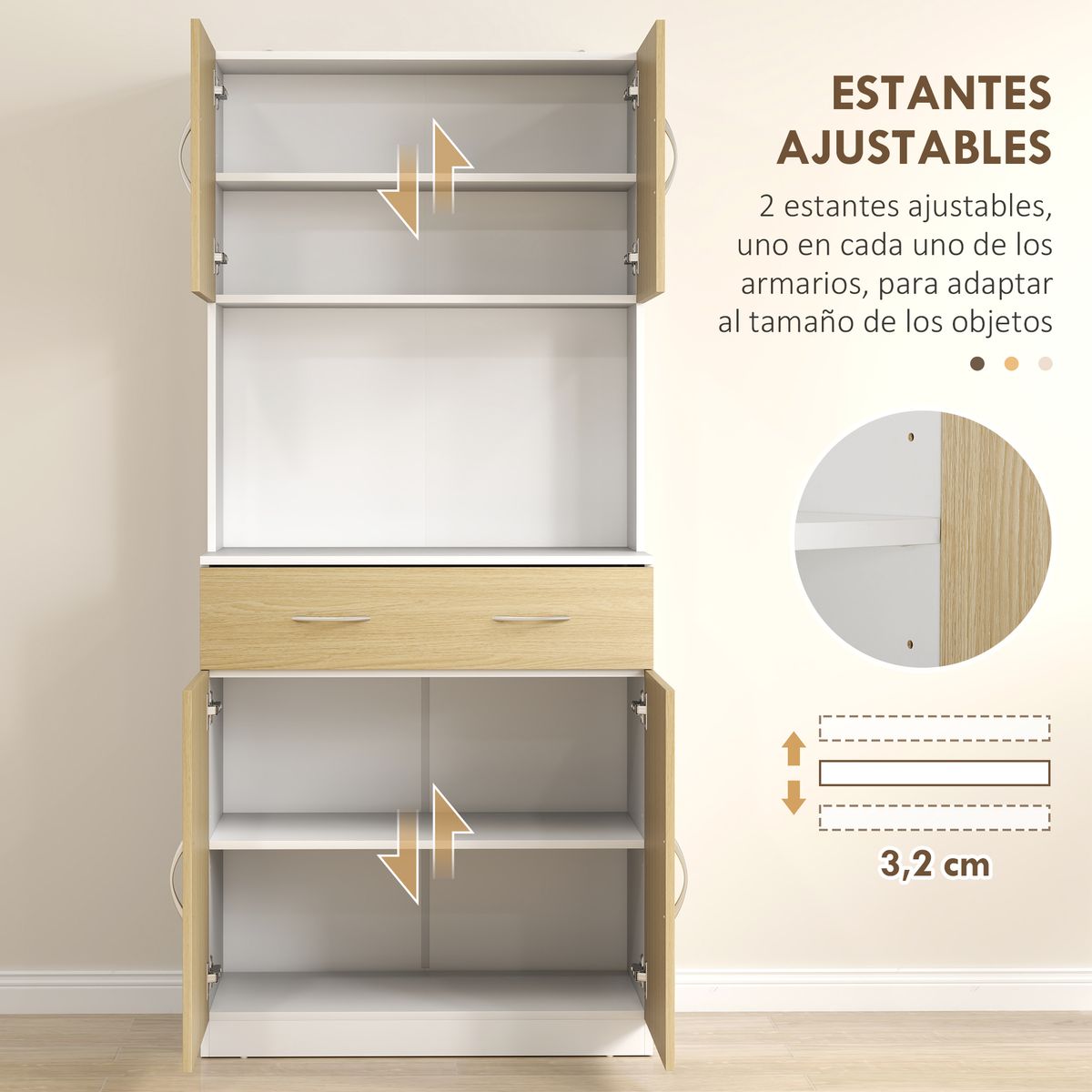 Aparador Cuéntame Homcom 2 armarios + 1 cajón natural/blanco 180x80x40 cm