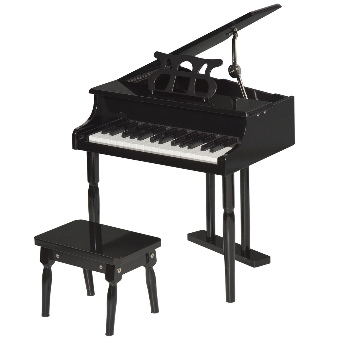 Piano de cola infantil Bach Homcom 30 teclas con taburete negro 49x52x50 cm fondo blanco