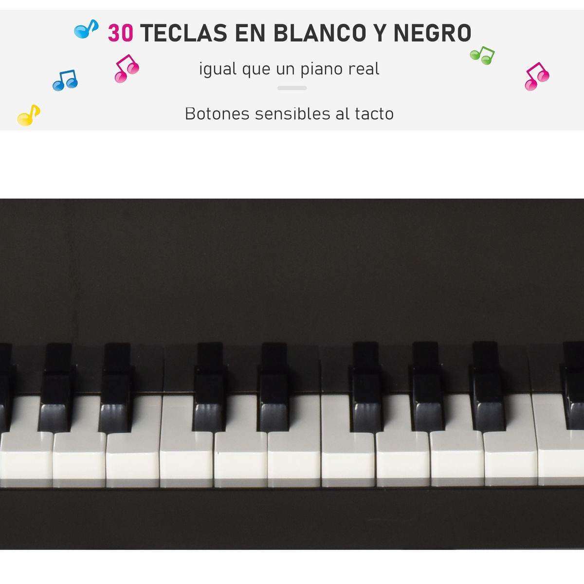 Piano de cola infantil Bach Homcom 30 teclas con taburete negro 49x52x50 cm detalle