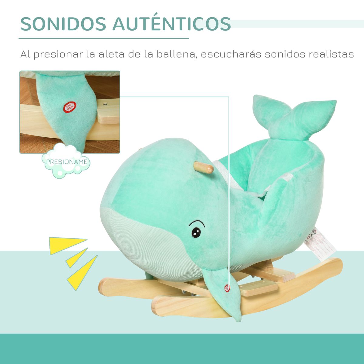 Ballena balancín Balú Homcom con sonidos + cinturón 18-36 meses turquesa 50x60x33 cm