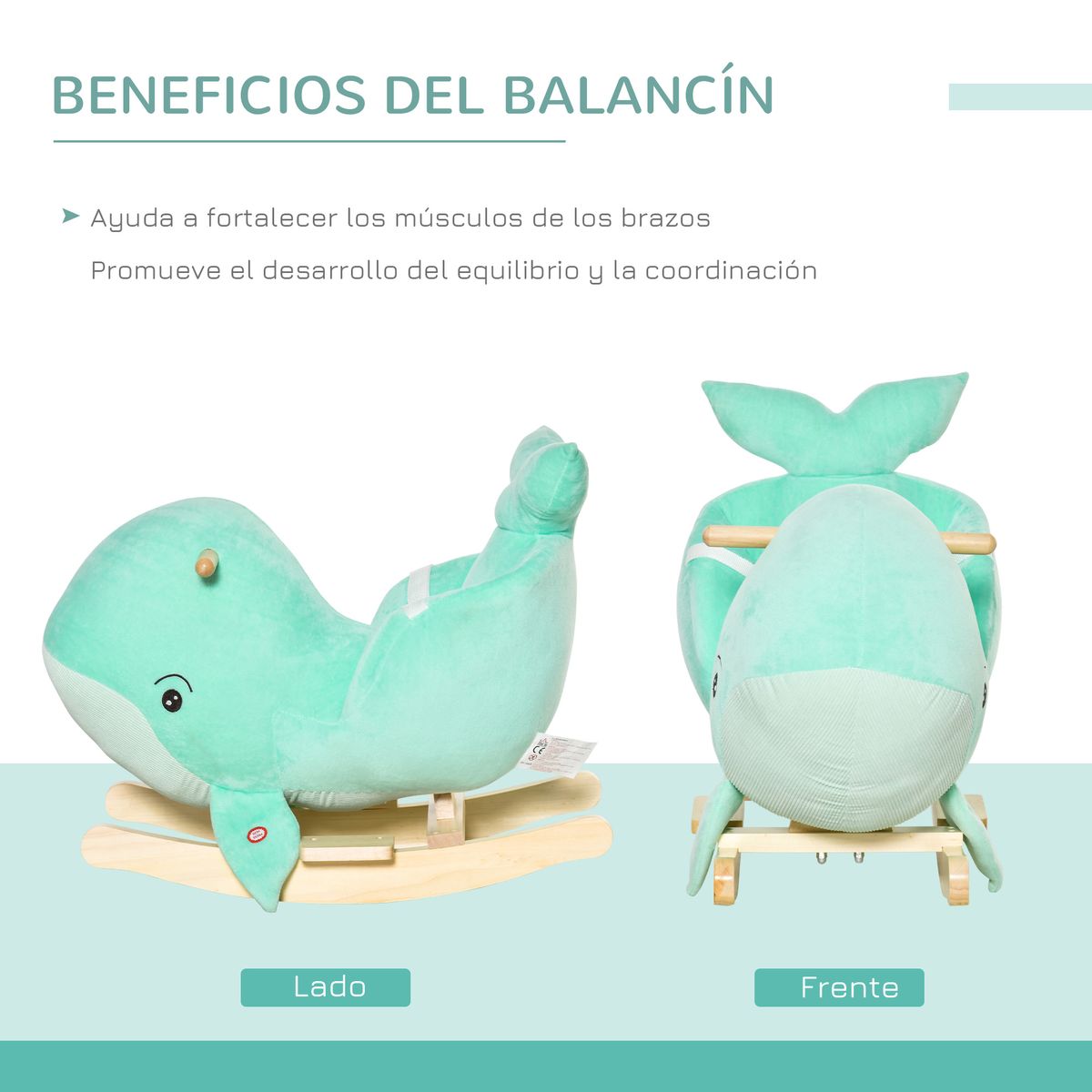 Ballena balancín Balú Homcom con sonidos + cinturón 18-36 meses turquesa 50x60x33 cm