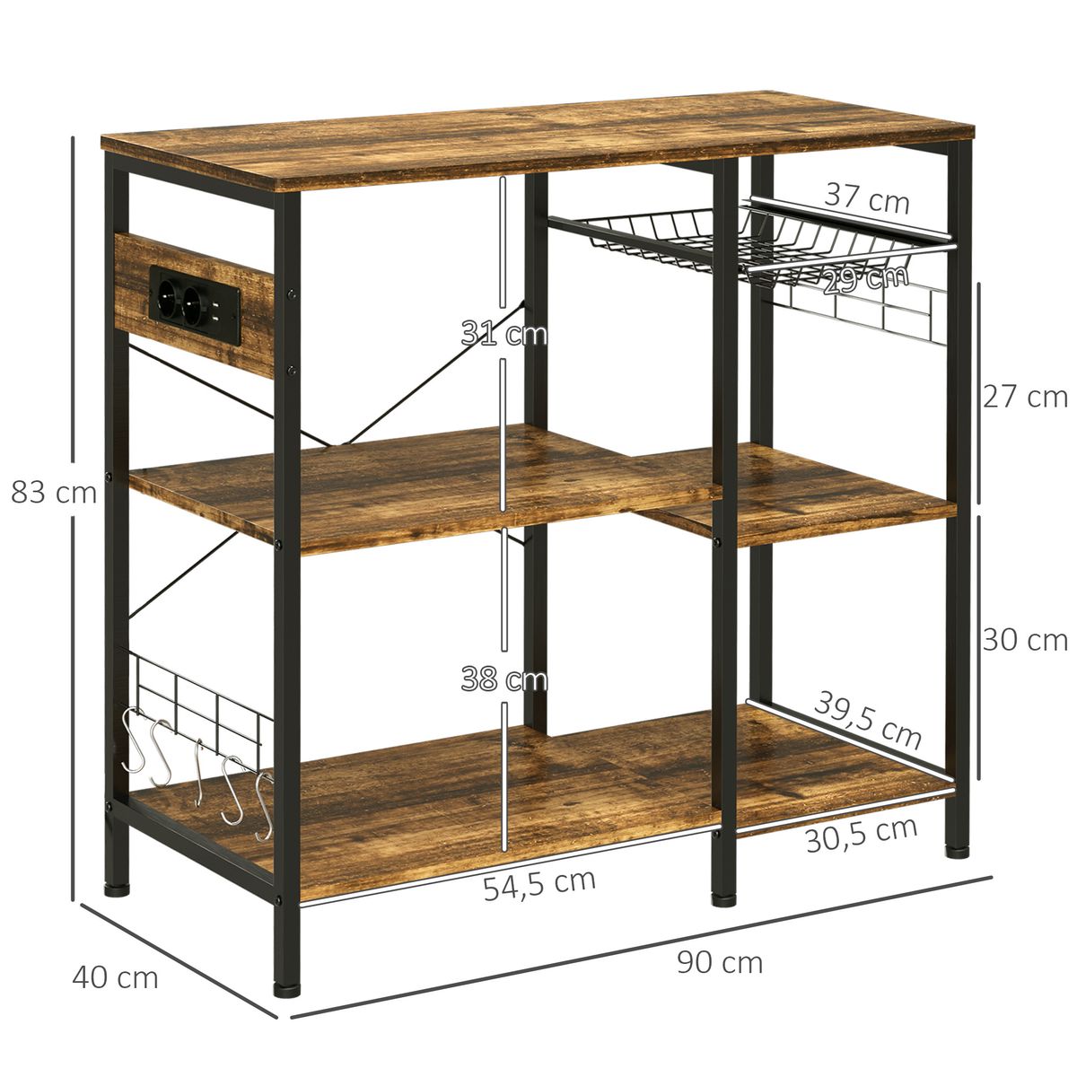 Estantería Rodeo Homcom con toma de corriente + estantes ajustables marrón oscuro 83x90x40 cm medidas