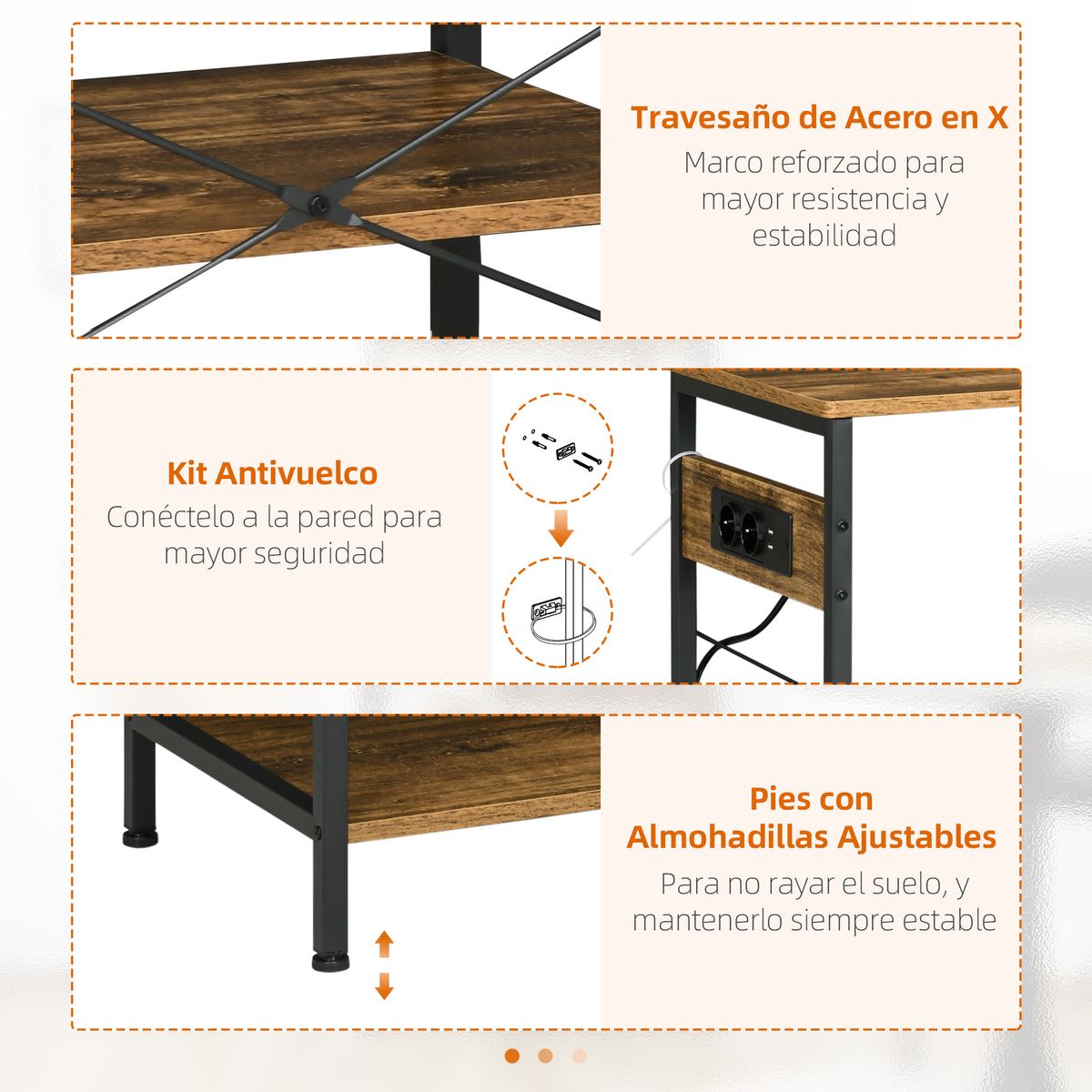 Estantería Rodeo Homcom con toma de corriente + estantes ajustables marrón oscuro 83x90x40 cm detalles