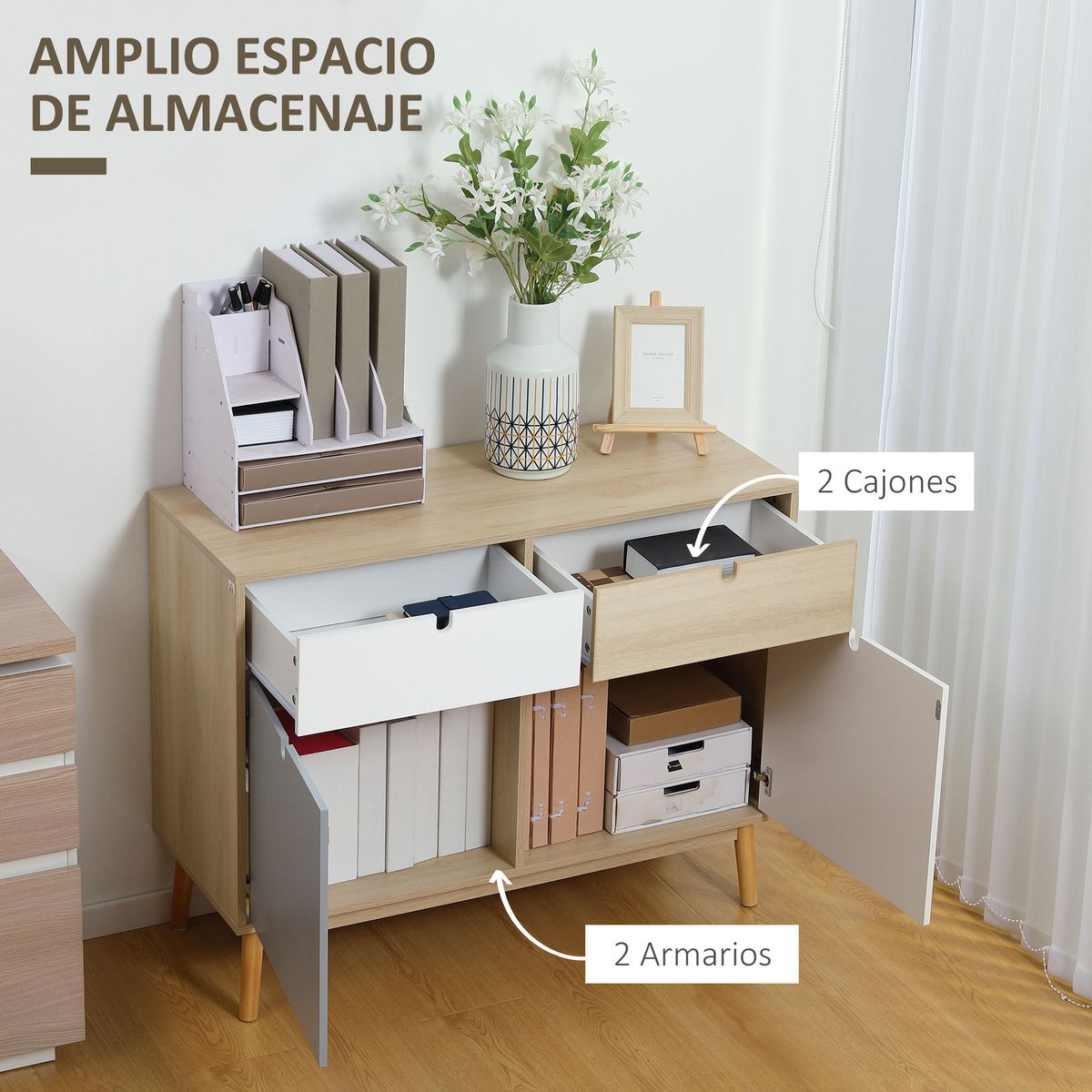 Aparador Nature Homcom 2 armarios + 2 cajones multicolor 79,5x100x40 cm