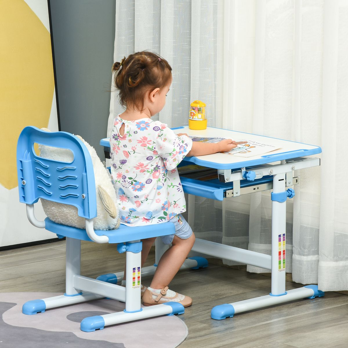 Pupitre infantil School Homcom 2 en 1 +6A altura ajustable azul 77x66x47 cm animada