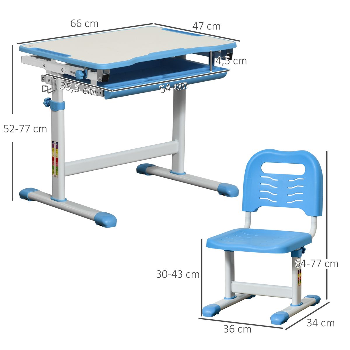 Pupitre infantil School Homcom 2 en 1 +6A altura ajustable azul 77x66x47 cm medidas