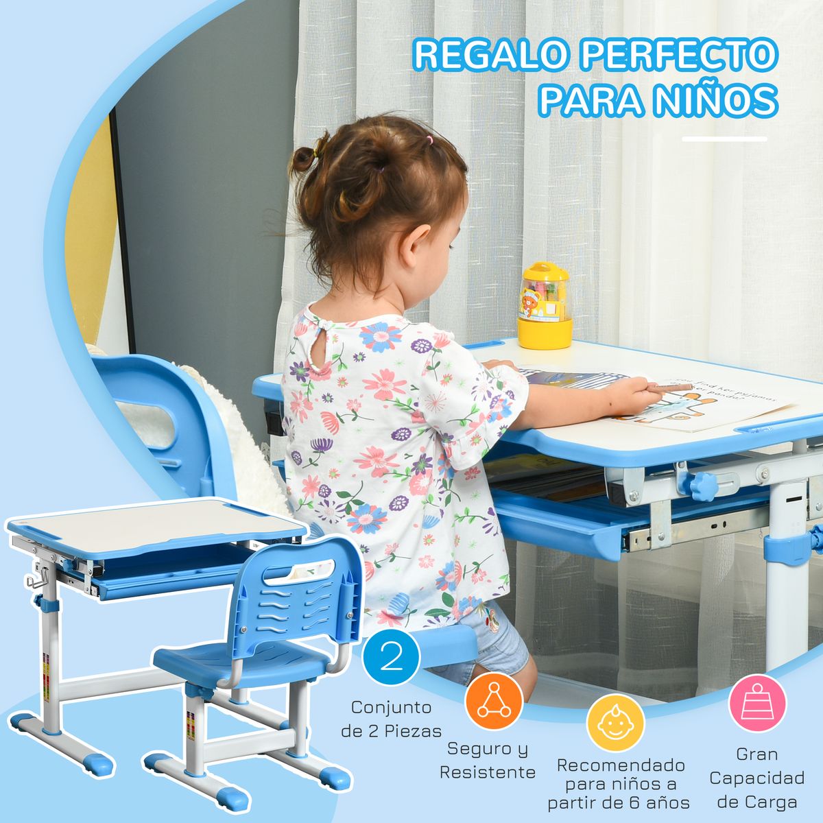 Pupitre infantil School Homcom 2 en 1 +6A altura ajustable azul 77x66x47 cm