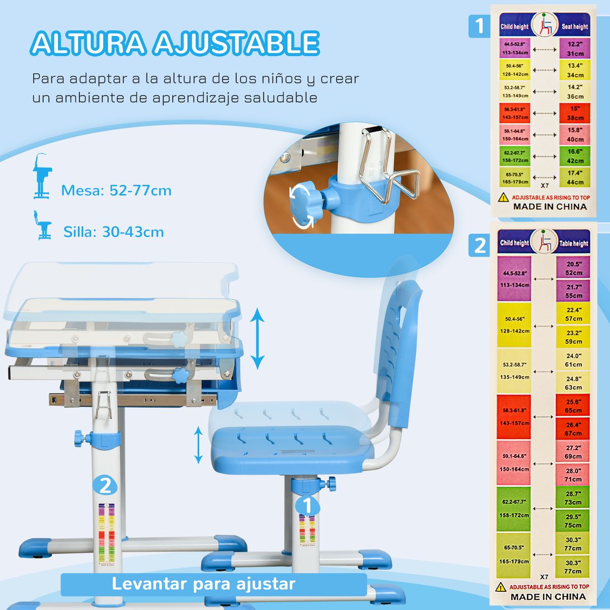 Pupitre infantil School Homcom 2 en 1 +6A altura ajustable azul 77x66x47 cm