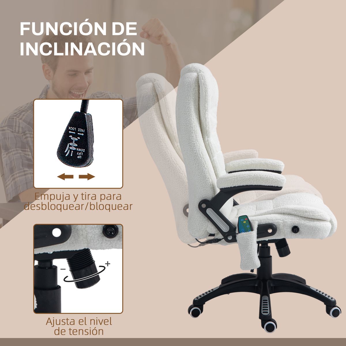 Silla de oficina Kleta Vinsetto con masaje + calefacción blanco 107-116x67x74 cm reclinable