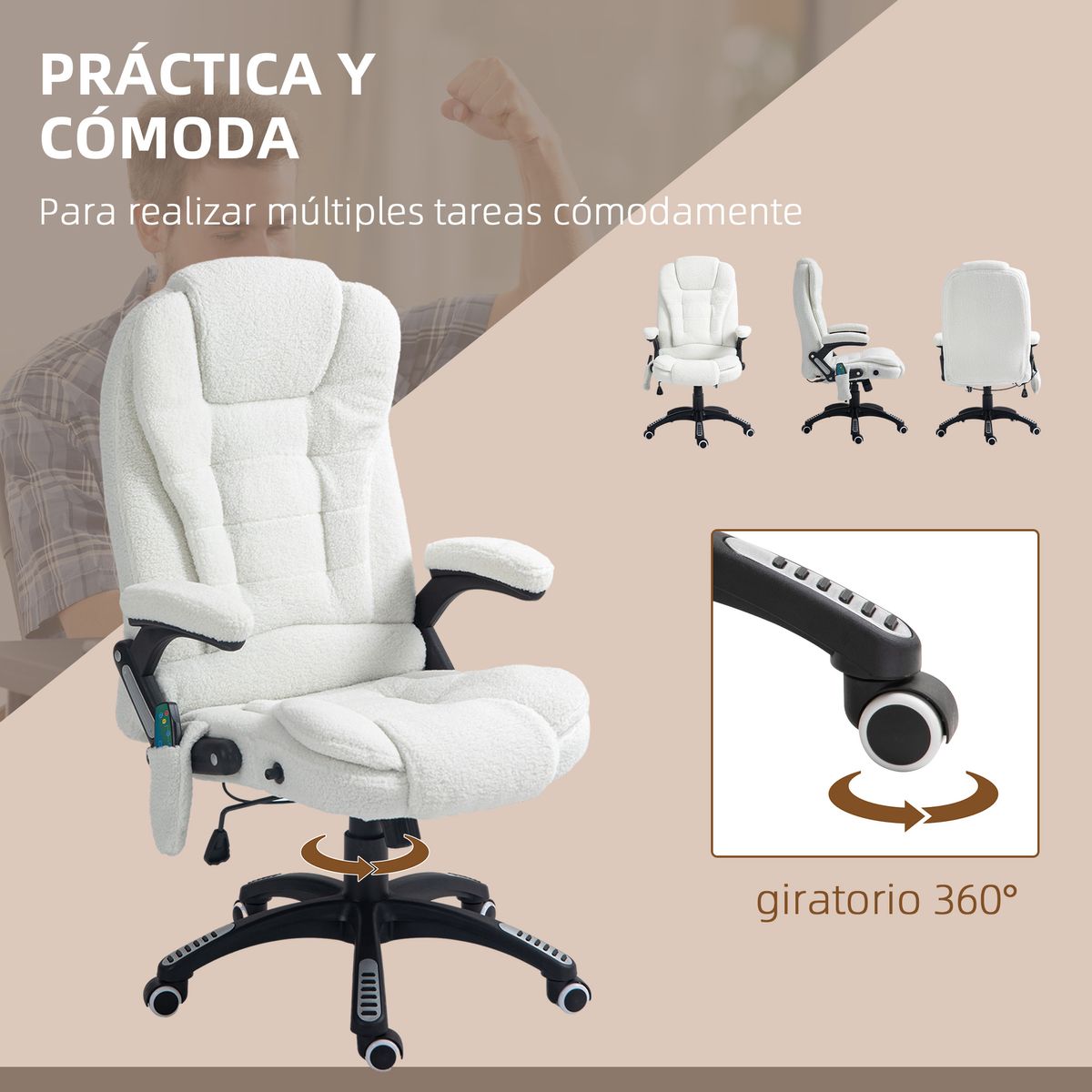 Silla de oficina Kleta Vinsetto con masaje + calefacción blanco 107-116x67x74 cm